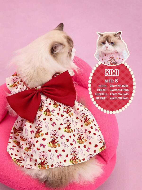 Strawberry Shortcake X SHEIN 1 pieza Vestido de tanque con gráfico de figura de dibujos animados para mascotas, ropa para gato/perro, tallas XXS-XXXXL, extra pequeña, extra grande, fresa, volante, moño, decoraciones navideñas