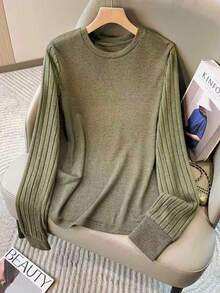 Franclia Women's Autumn/Winter New Cashmere Top, Fashion Patchwork Casual Versatile Commuting Round Neck Top - Army Green - View 3