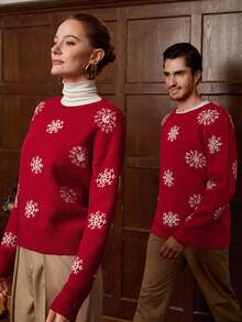 Manfinity Homme 男士圣诞家庭卡通图案圆领长袖雪花提花针织套头毛衣，秋冬款 - 彩色 - 查看 4