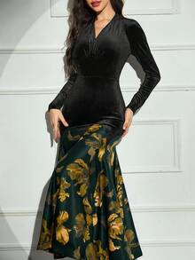 Modelyn 女士优雅花卉印花V领鱼尾下摆修身韩版天鹅绒连衣裙长款晚礼服 - 黃色 - 查看 5