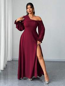 Elenzga Vestido largo elegante y romántico para mujer de talla grande, para fiesta, reunión y boda, de gasa fluida, con escote asimétrico, manga larga, corte A con abertura alta, para primavera/otoño/invierno - Burdeos - Ver 4