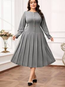 Modelyn Đầm xòe thanh lịch cổ tròn tay dài màu trơn cỡ lớn cho nữ, thiết kế nút kim loại, viền xếp ly - Màu xám đen - Xem 3