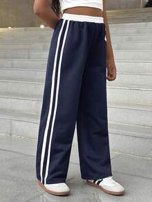 SHEIN Spodnie dresowe dla dziewcząt z nadrukiem "Wracamy do szkoły" w kontrastowym kolorze, z elastyczną talią i sznurkiem ściągającym, z nadrukiem numerycznym, luźne, proste nogawki, uniwersalne i modne - Granatowy - Zobacz 4