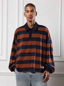 Striped Boxy Fit Polo Long Sleeve Casual Knit Pullover Fall Winter Preppy Classic Collared Navy Brown Retro Style Modern Fashion Oversized Men Top - Blue - View 2