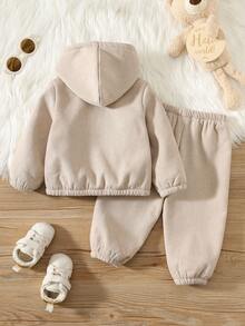 SHEIN 幼儿男童休闲户外灯芯绒衬里宽松连帽夹克和松紧腰裤套装