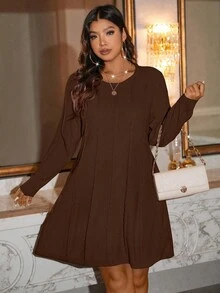 SHEIN LUNE Plus Size Solid Color Knit Casual Dress, Autumn/Winter - Brown - View 7
