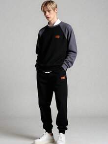 SHEIN Bộ 2 quần nỉ cổ tròn tay raglan màu tương phản có dây rút trang trí thường ngày cho bé trai tuổi teen, bộ quần áo cơ bản tối giản đa năng thích hợp mặc ở nhà, đi làm, đi học, thường ngày, đi nghỉ, ngoài trời, tiệc tùng, thu đông - Nhiều màu - Xem 1