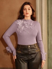 Anewsta 女式加大码优雅串珠花卉贴花高领长袖毛衣，秋季 - 藕粉色 - 查看 4