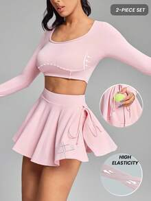 Innovista Women's Sporty Tennis & Ballet Set, Crop Top With Long Sleeves, Athletic Skirt & Built-In Shorts, Pocket Detail, Breathable Stretchy Workout Outfit, Essential Activewear For Running, Biking, Gym, Office To Court, Brunch To Gym, Fall Tenniscore, Pink Athleisure Suit, Comfortable & Versatile Fall Winter Striped Design, Utilitarian Chic - Dusty Pink - View 3