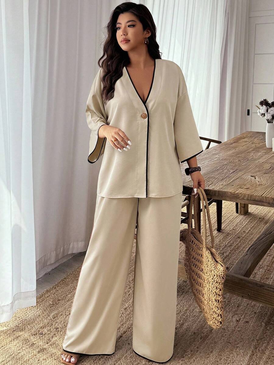 EMERY ROSE Plus Size Women's Contrast Color V-Neck Wrap Textured 2-Piece Set, Casual Autumn/Winter - Apricot - View 1