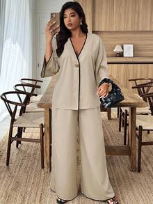 EMERY ROSE Plus Size Women's Contrast Color V-Neck Wrap Textured 2-Piece Set, Casual Autumn/Winter - Apricot - View 4