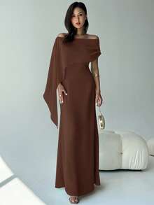 Aloruh Váy suông cổ thuyền lệch vai ôm vừa vặn mới có chi tiết buộc nơ, đa năng cho sinh nhật, tiệc tùng, cocktail, màu xanh lá cây - Cà phê - Xem 3