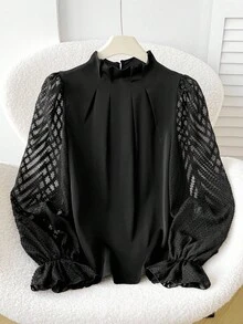 SHEIN 纯勃艮第色褶皱后结灯笼袖衬衫，长袖上衣，圣诞节红色衬衫，圣诞派对红色上衣 - 酒紅色 - 查看 4