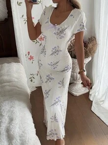 CottageSlumber 女士休闲长裙，紫色花卉印花，蝴蝶结装饰，睡袍 - 白色 - 查看 5