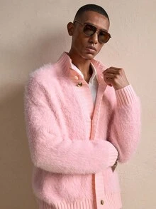 AKNOTIC Business Casual 男士纯色长袖单排扣休闲毛绒针织开衫，秋冬季、圣诞节、新年魅力 - 粉色 - 查看 2