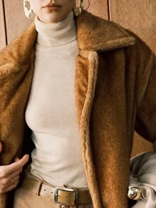 EMERY ROSE 咖啡色翻领仿皮草经典长款大衣，欧美风 - 棕色 - 查看 2