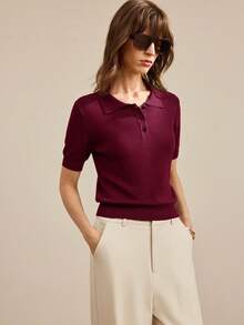 Ontre Îmbrăcăminte pentru femei toamnă/iarnă 2025, Îmbrăcăminte pentru femei toamnă/iarnă, Ținute pentru femei de iarnă, Înapoi la școală, Halloween, Crăciun, Casual business, Ținute retro elegante și versatile de bază, Îmbrăcăminte Nashville, Pulover tricotat casual cu guler polo, culoare uni, cu mânecă scurtă, Pulover polo tricotat, Urban casual, Navetă minimalistă, Ținute urbane zilnice, Stațiune urbană, Stilul vechi al banilor, Simplu și generos - Burgundia - Vizualizare 3