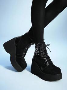 Sugerpunk Women's Casual Party Chunky Heel Ankle Boots, Gothic Punk Style Round Star Embroidery Lace-Up With Back Zipper, Black High Heel Thick Bottom Wedge Motorcycle Boots - Black - View 2