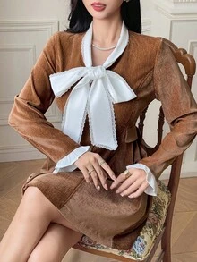 DAZY Abito corto elegante da donna in stile francese con fiocco, adatto per l'autunno/inverno - Castano - Visualizzare 8