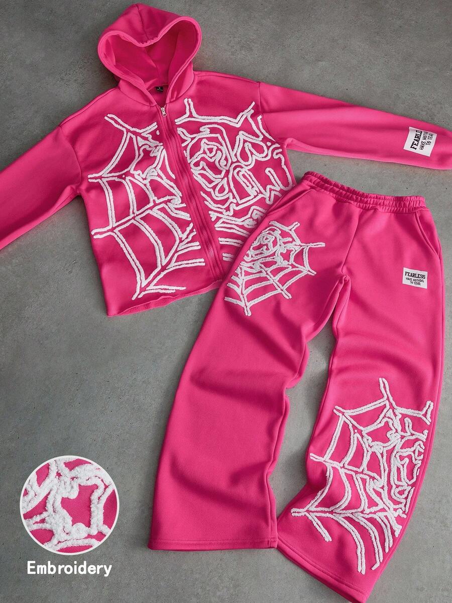 PAVTROS طقم هودي رجالي بطراز الشارع الشعبي INS مطابق للتطريز بنسيج العنكبوت ثلاثي الأبعاد، نسيج عنكبوت داكن للموسيقى الخارجية ومهرجان الليل والنادي الليلي، هدية للصديق أو الزوج في المناسبات والأعياد، ملابس خريف/شتاء