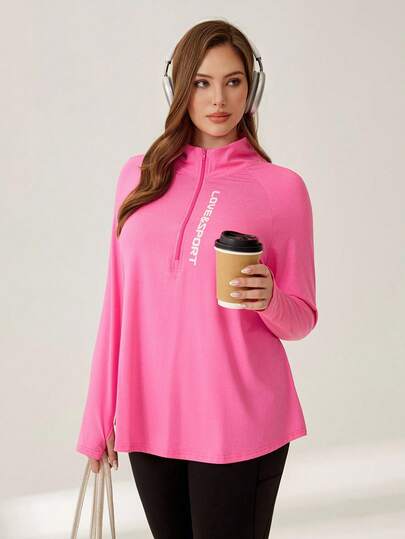 Auralis Athleisure Plus Size Women Graphic Letter Print Raglan Sleeve Half-Zip Up Sport Long Sleeve Pink Hoodie, Tracksuit, Fall/Winter Jersey Shirt, Women's Sportswear For Winter And Autumn