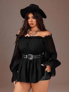 Rustia Plus Size Women Solid Color Casual Minimalist Off-Shoulder Blouse - Black - View 5