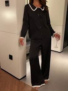 DAZY Contrast Color Tassel Trim Satin Women Pajama Set Fall Winter Clothes - Black - View 4