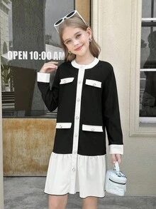 SHEIN Serisse Kids 青少年女孩黑白拼色珍珠纽扣拼布白色下摆连衣裙 - 黑與白 - 查看 6