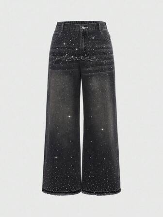 Grunge Punk Plus Size Vintage Washed Rhinestone Embellished Loose Wide Leg Jeans
