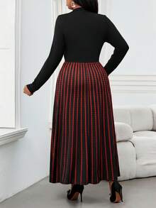 SHEIN Lady 秋冬优雅通勤办公室彩色针织立领喇叭中长袖大码连衣裙冬季女装感恩节女装冬季服装长袖连衣裙冬季冬装 - 彩色 - 查看 2