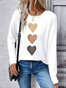 EMERY ROSE Áo thun dài tay in hình trái tim cơ bản thường ngày dành cho nữ - trắng - Xem 3