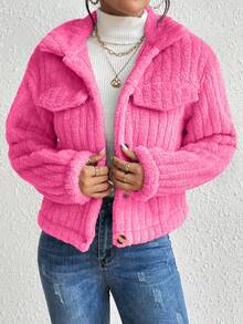 EMERY ROSE 女士休闲纯色短款夹克，秋冬 - 玫紅色 - 查看 3