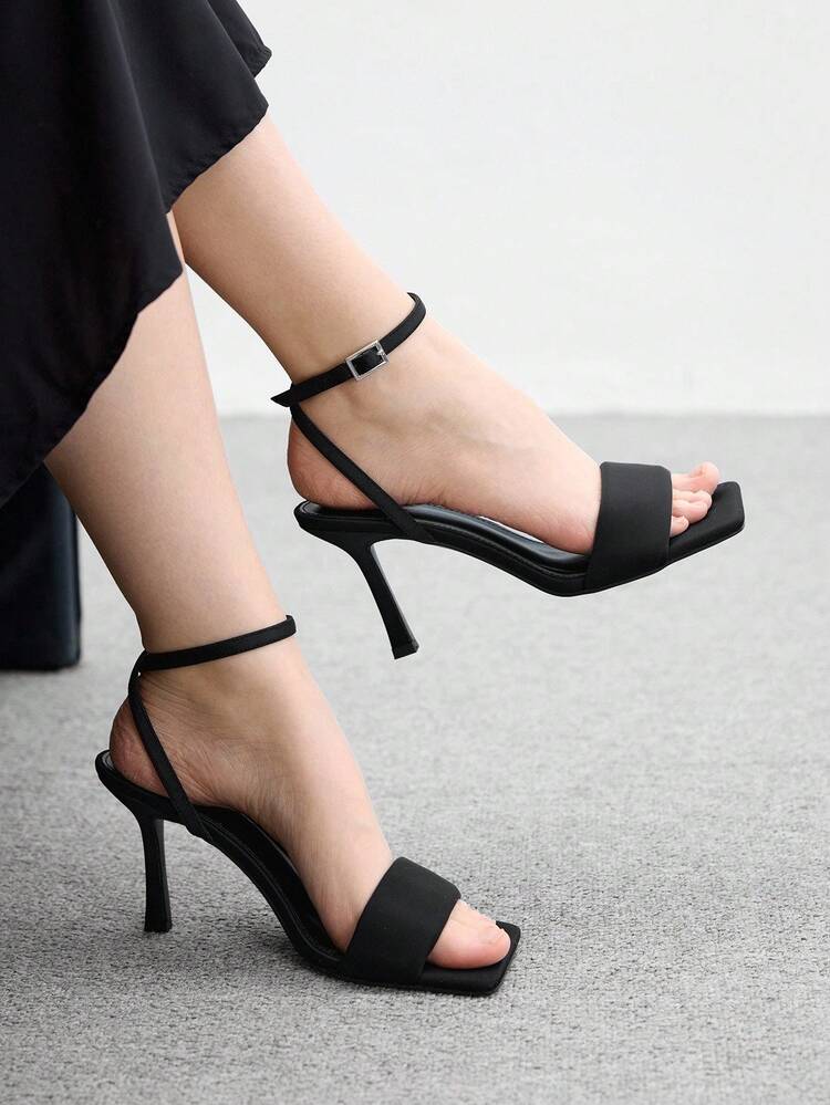 CUCCOO BIZCHIC Women's Black Simple Strap Square Toe High Heel Sandals