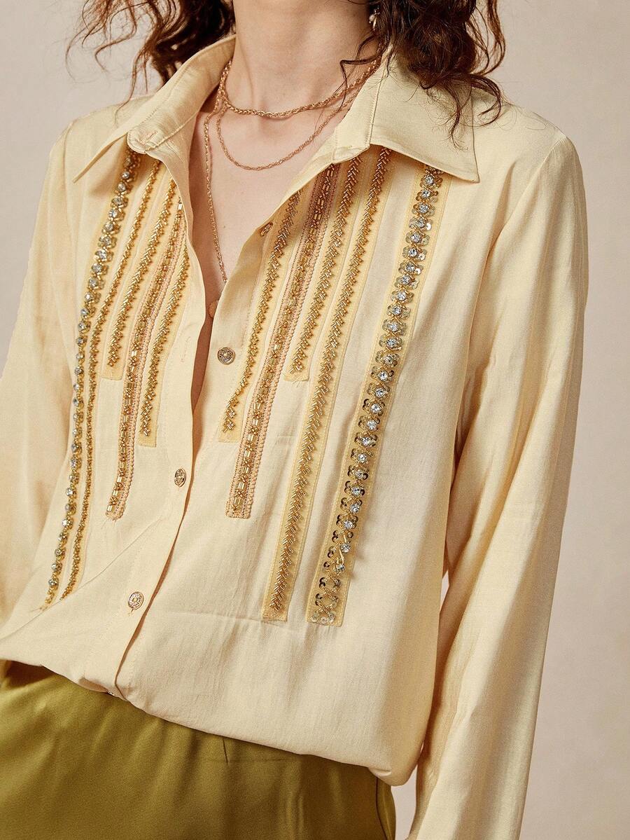 Chiquease 优雅办公室套装，闪亮流星雨开衫衬衫搭配缎面美人鱼裙两件套，法式风格女式衬衫，夏季女式衬衫，新款优雅现代女式衬衫，女士上衣和衬衫，优雅女式衬衫，职业装女式衬衫，女士衬衫和上衣，女士休闲现代女式衬衫 - 黃色 - 查看 1