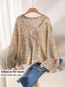 CosyJoli Plus Size Casual Colorful Table Tennis Yarn Texture Tie-Up Bow Hollow Out Front Open Knitted Cardigan Jacket, Sun-Proof In Fall/Winter - Multicolor - View 1