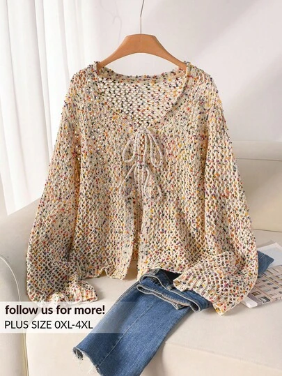 CosyJoli Plus Size Casual Colorful Table Tennis Yarn Texture Tie-Up Bow Hollow Out Front Open Knitted Cardigan Jacket, Sun-Proof In Fall/Winter