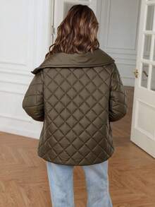 EURMUSE 女士纯色拉链口袋加厚冬季外套 - 卡其色 - 查看 2