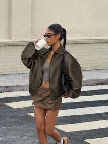 Muchica 复古水洗雪花纹理 PU 皮夹克，秋季 - 銅色 - 查看 6