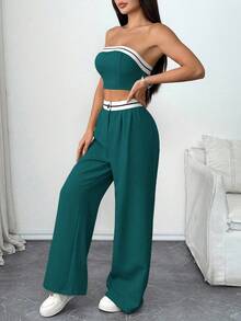 Chiquease 女士时尚撞色条纹短款吊带背心和阔腿裤两件套，夏季 - 水鴨藍 - 查看 4