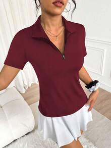 Easithlete 女式纯色半拉链开衩运动短袖 Polo 衫 - 酒紅色 - 查看 5