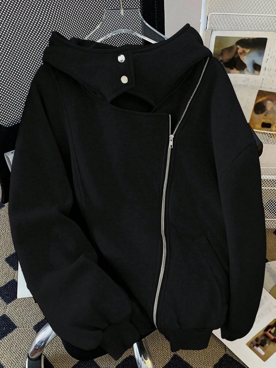 Rina Fox Plus Size Sweatshirt Hooded Loose Cardigan Sweatshirt Jacket - Black - View 1