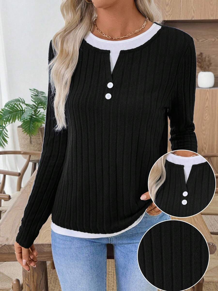 EMERY ROSE Women's Contrast Trim Button Casual Long Sleeve T-Shirt,Black Top - Black - View 1