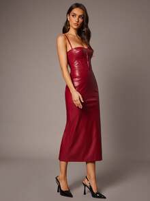 Silquee Váy dây mảnh thời trang tối giản, đơn sắc dành cho nữ - Đỏ - Xem 7