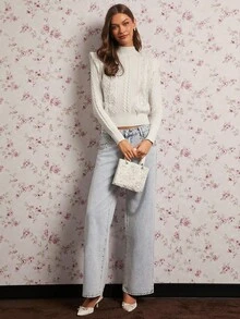 Enchnt Women's Elegant Off-White Ruffle Collar Long Sleeve Pullover Sweater, Autumn Sweaters For Date Night,Fashionable Vacation&Party Clothes - White - View 2