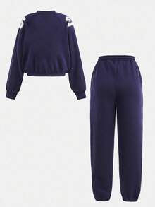 SHEIN Leap Crew Teen Girls Casual Loose V-Neck Pullover Hoodie & Printed Drawstring Waist Sweatpants 2-Piece Set, Autumn/Winter Fall - Navy Blue - View 2