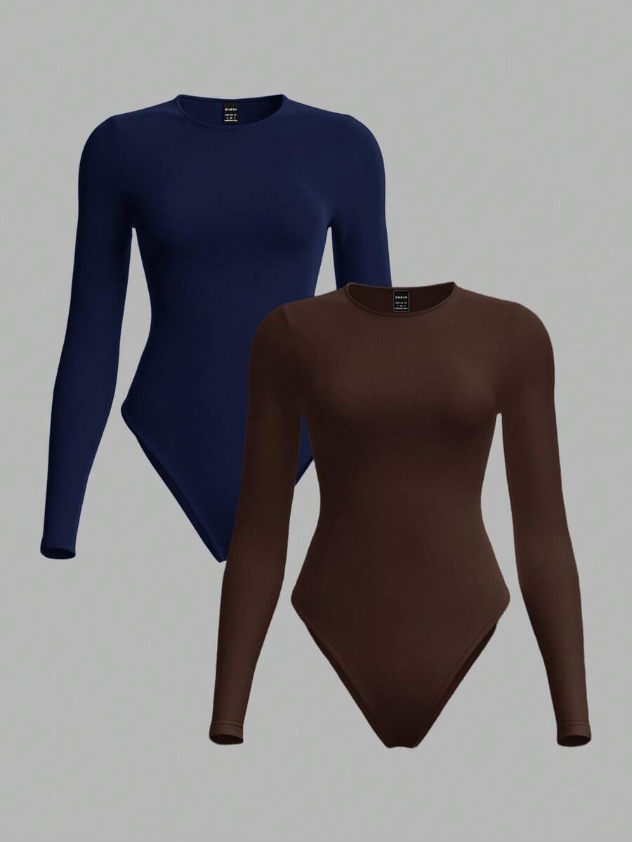 SHEIN BASICS 2件套休闲纯色针织圆领长袖女式紧身衣 - 彩色 - 查看 1