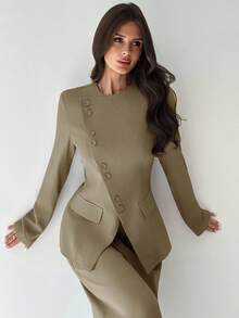 Firerie 女士优雅通勤日常百搭街头时尚新款不对称翻领纽扣腰长袖西装外套和高腰裤卡其灰色两件套西装套装，秋冬 - 卡其色 - 查看 7