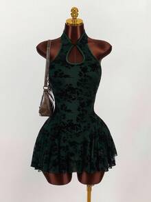 Amplova Retro Mandarin Collar A-Line Dress Dark Green Dress Short Green Dress Halter Neck Dress For Woman Night Club Dress,Party Dresses For Women,Christmas Party Dress - Multicolor - View 7