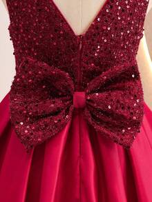 Sparklyn 深红色儿童亮片连衣裙，高档儿童缎面拼接连衣裙，漂亮闪亮的儿童服装。 - 酒紅色 - 查看 5