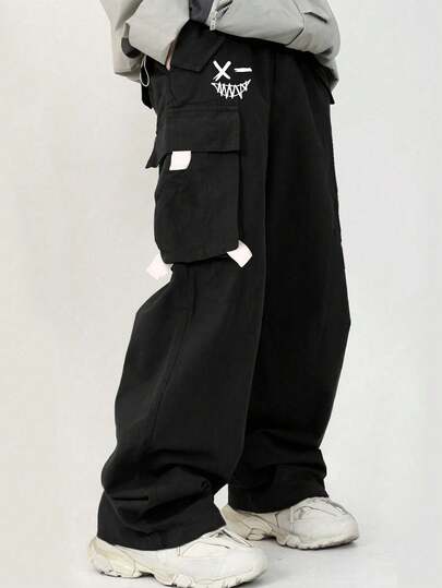 Tween Boys Y2K Casual Comfortable Loose Straight Leg Pockets Black Pants, Suitable For School, Birthday, Fall, Autumn/Winter